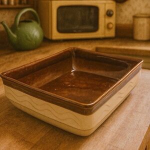 Vintage Mid-Century Stoneware Casserole Dish Brown & Beige Rectangular Baker